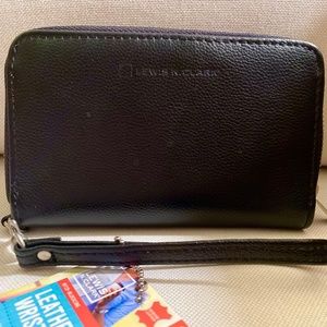 New Lewis N. Clark Black Leather Wristlette Wallet / Pouch